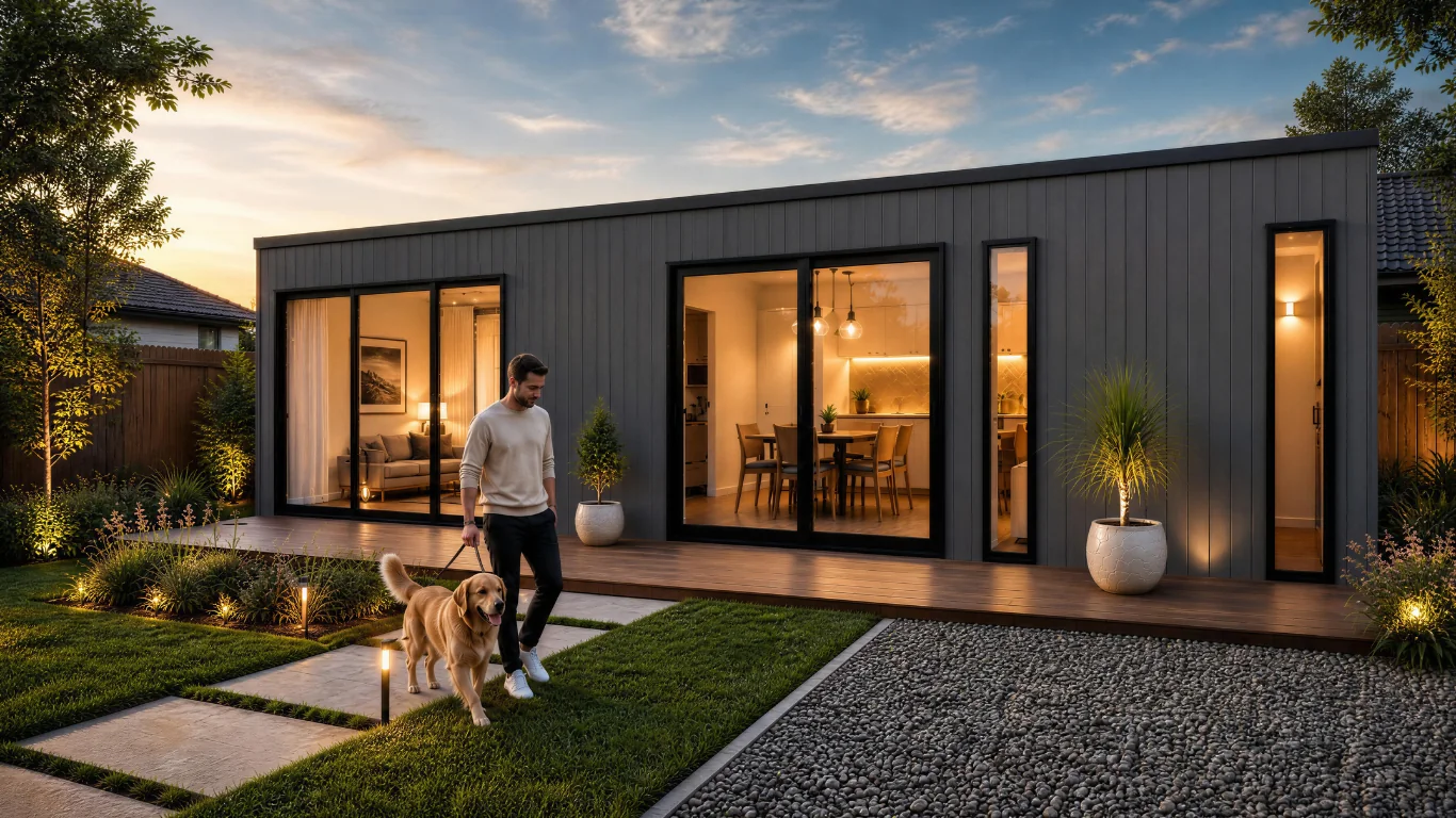 Modern HGF home with a landscaped garden at sunset